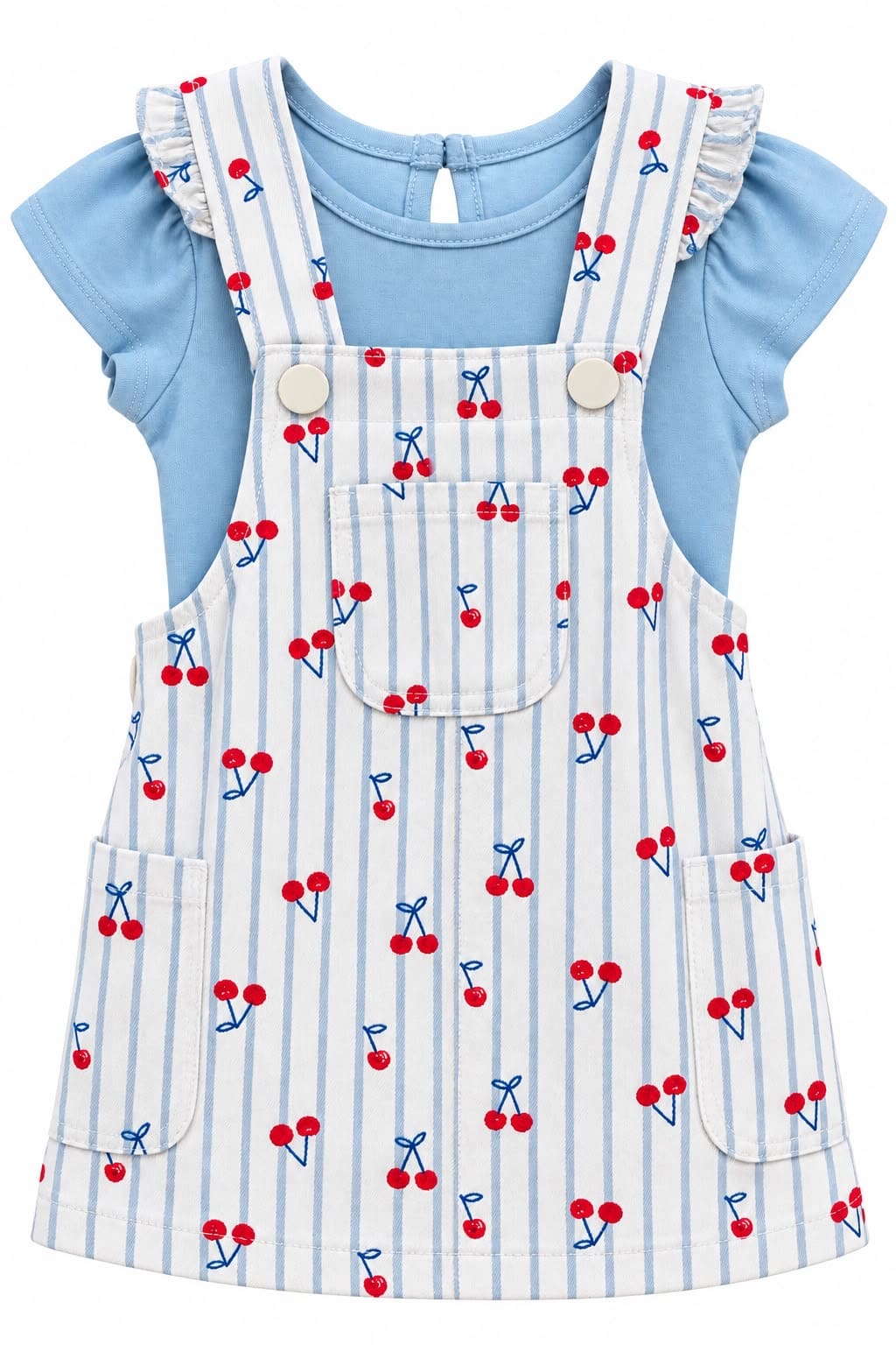 Blue Top & Cherry Dungaree Set